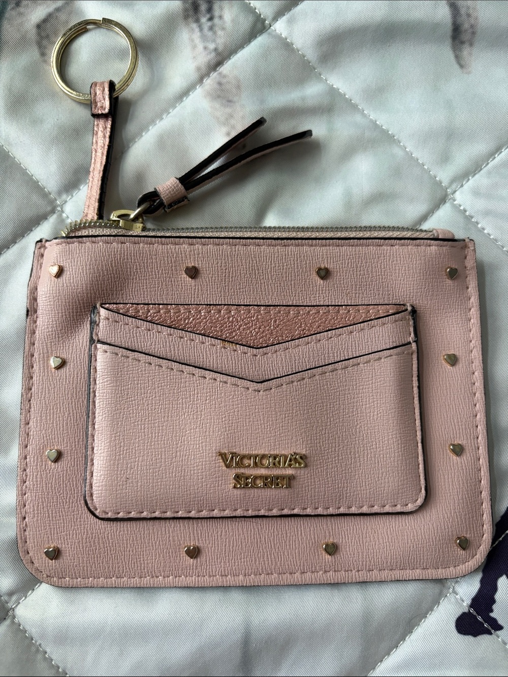 Victoria's Secret Blush Pink Cardholder Wallet with Keyring and Heart Studs